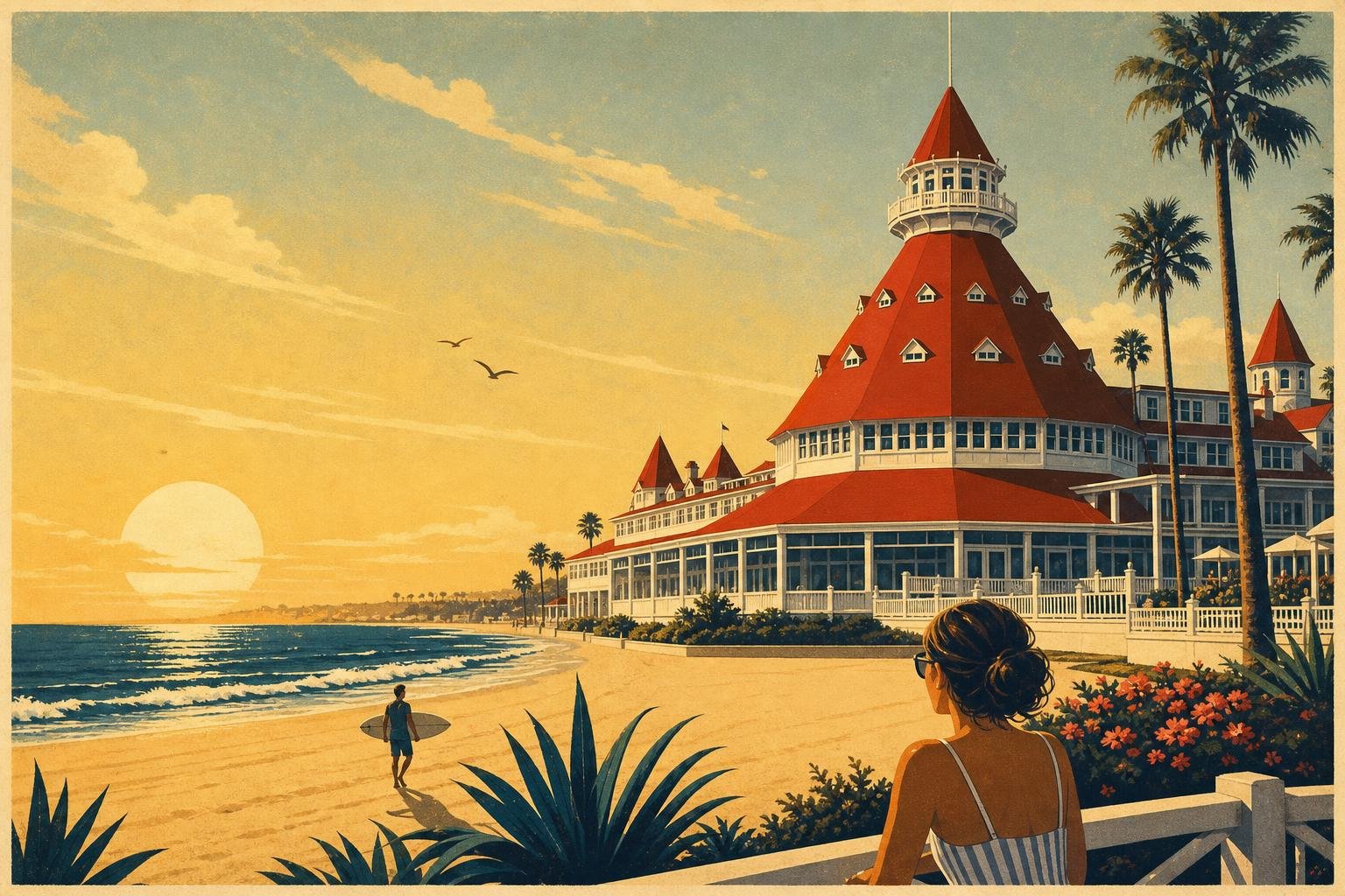 Póster ilustrado estilo retro de la playa ancha de Coronado con el histórico hotel de techos rojos y el Pacífico al atardecer