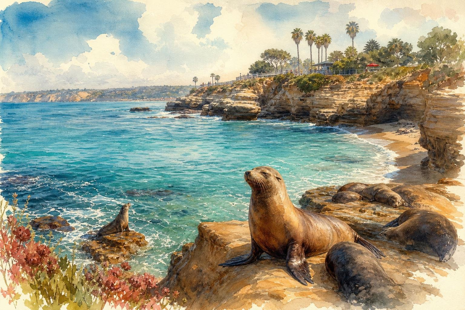 Acuarela editorial de los acantilados y la caleta de La Jolla con lobos marinos sobre las rocas y el Pacífico de fondo