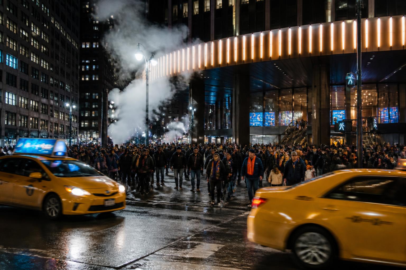 Hinchas saliendo del Madison Square Garden de noche, marquesina iluminada, banderas y bufandas naranja y azul, taxis amarillos en primer plano, atmósfera de fin de partido en Nueva York