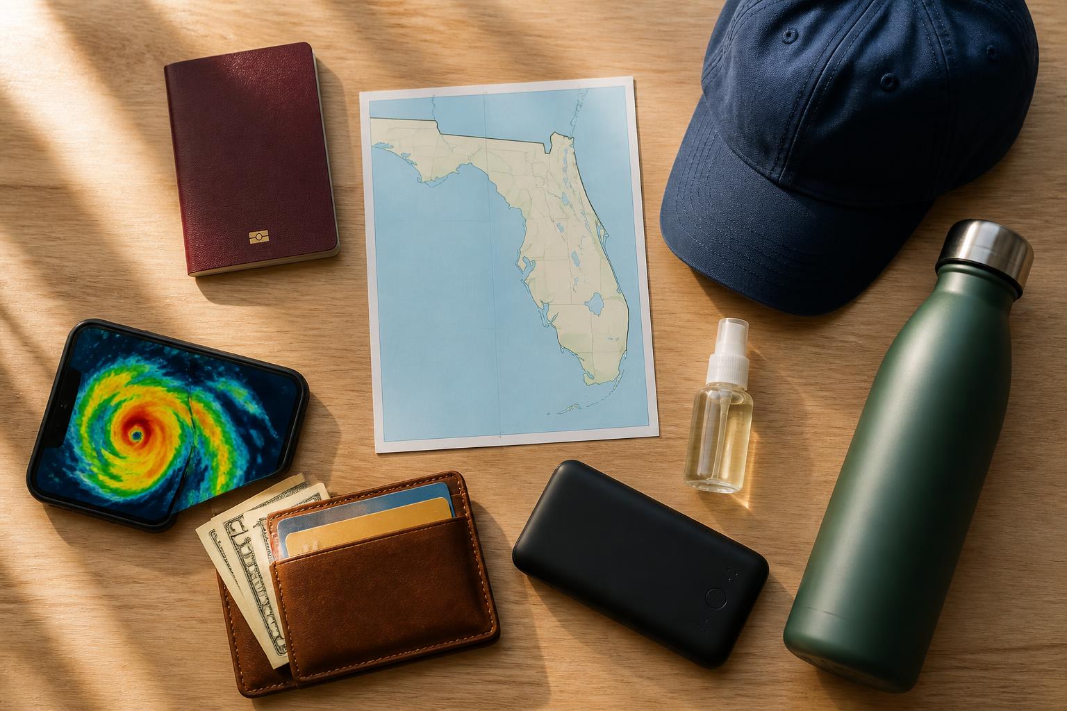 Flatlay de un kit de viaje para Florida en temporada de huracanes con pasaporte, mapa, cargador portátil, gorra, repelente y botella de agua