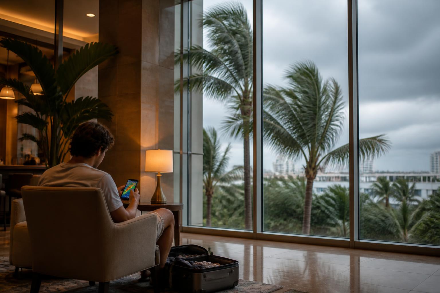 Traveler revisando el pronóstico meteorológico desde el lobby de un hotel en Miami con palmeras y cielo cargado del lado de afuera