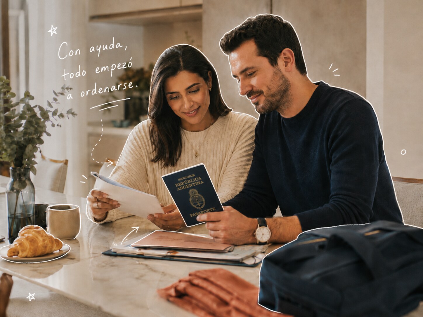 Viajero tranquilo y preparado tras revisar su trámite con apoyo
