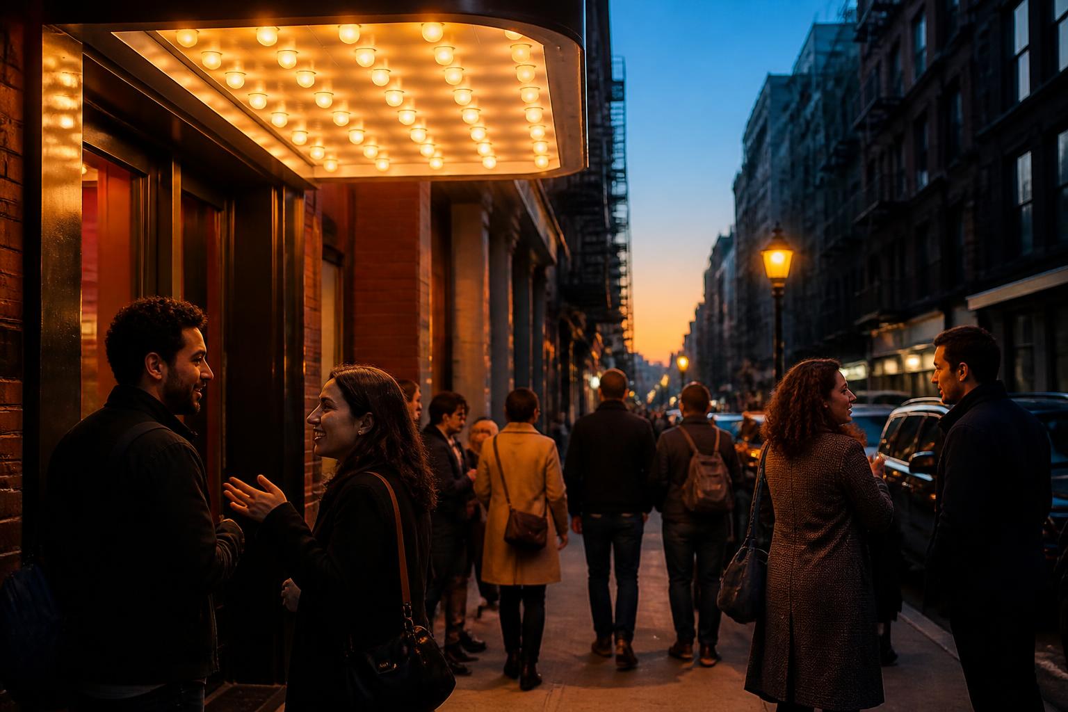 Vereda de Tribeca con un cine independiente, marquesina retro, gente saliendo de una función y faroles encendidos al atardecer