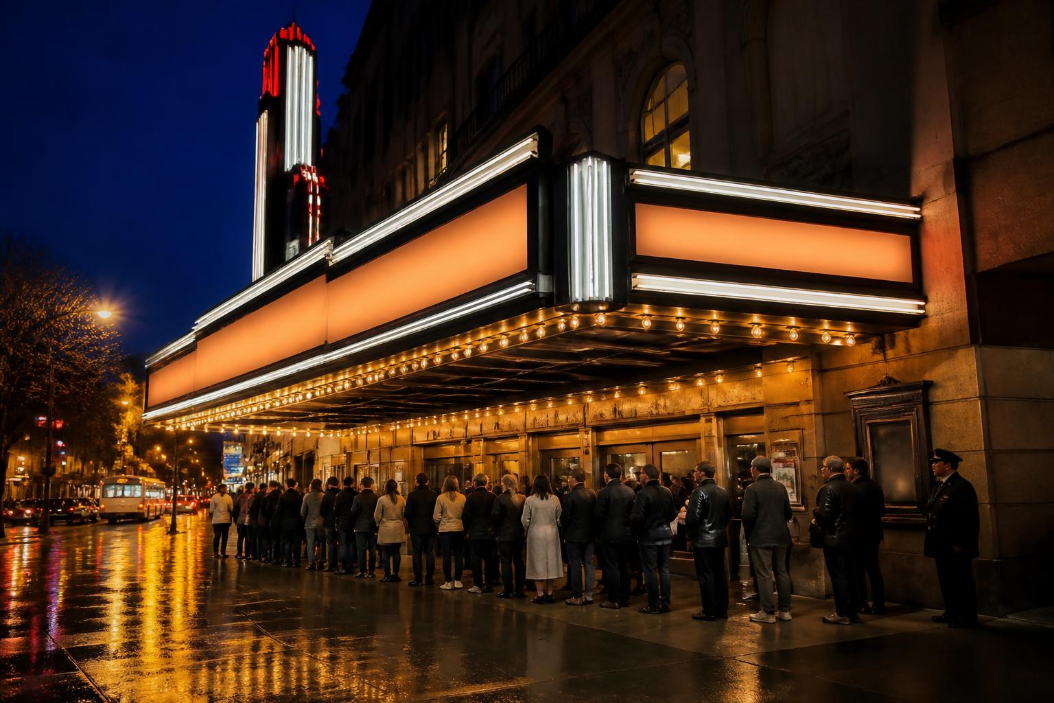 Fachada del Beacon Theatre en Manhattan iluminada de noche con marquesina histórica y fila de gente esperando bajo el toldo