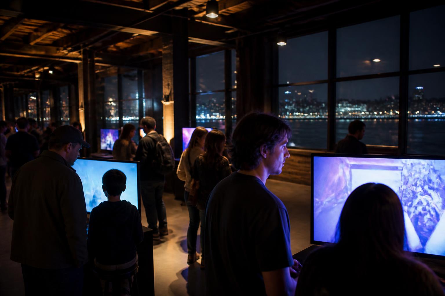 Pier 57 sobre el río Hudson con gente joven jugando demos en pantallas grandes y luces tenues al interior del muelle de noche