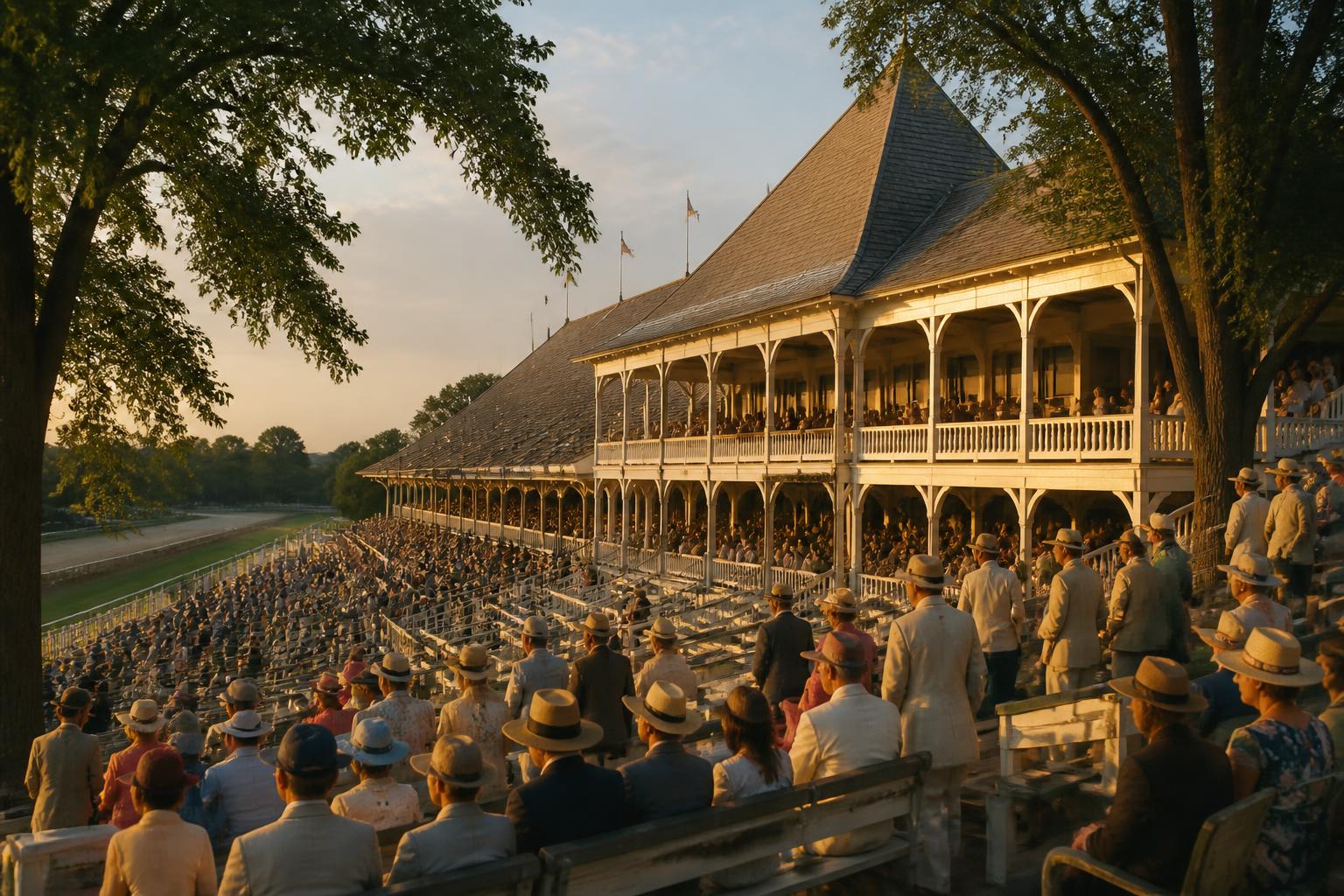 Saratoga Race Course en una tarde de junio con la grandstand de madera blanca, banderas y público elegante esperando la largada del Belmont Stakes