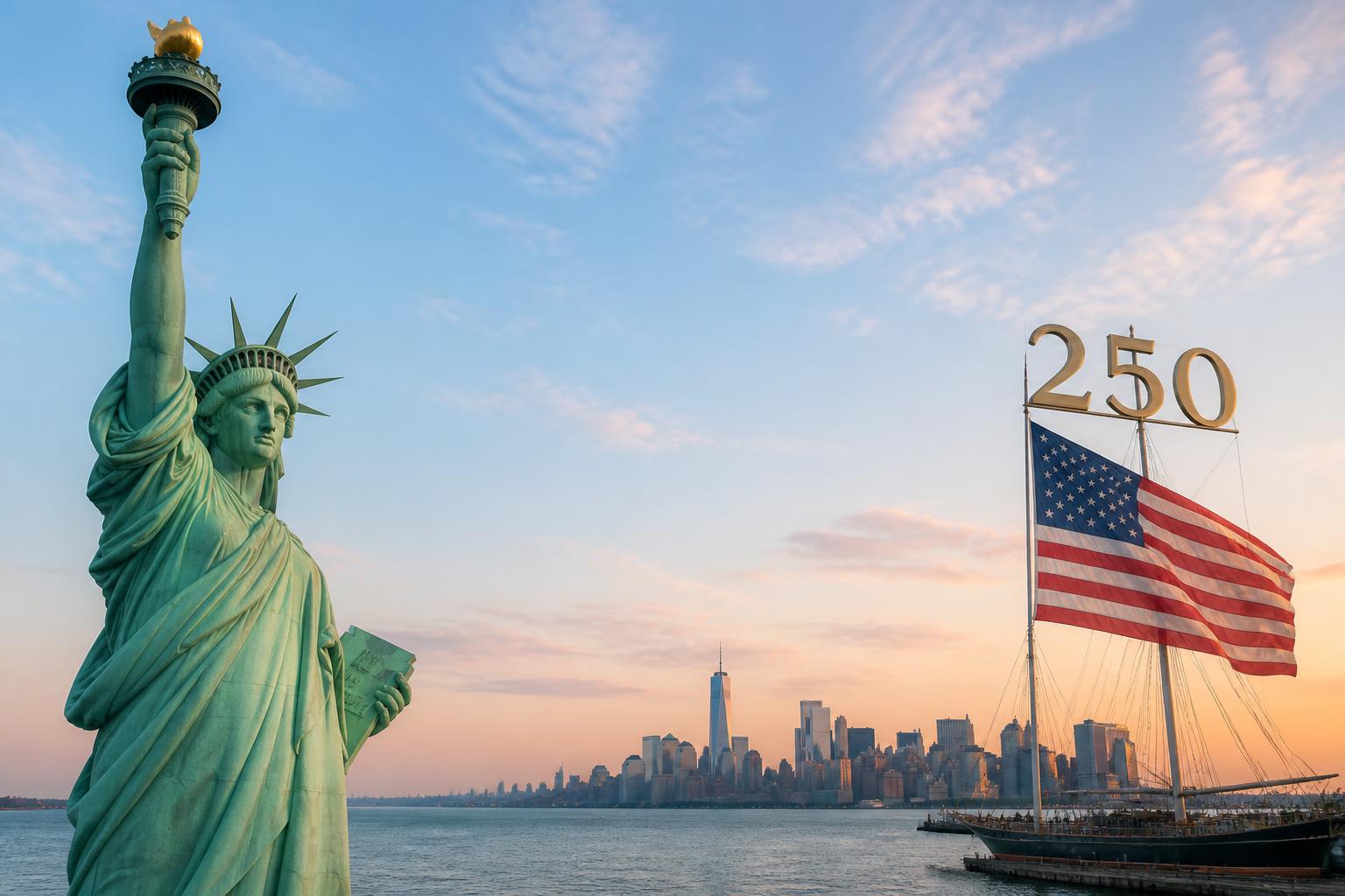 Bandera americana enorme con el número 250 y la Estatua de la Libertad al fondo durante el amanecer del 4 de julio en Nueva York