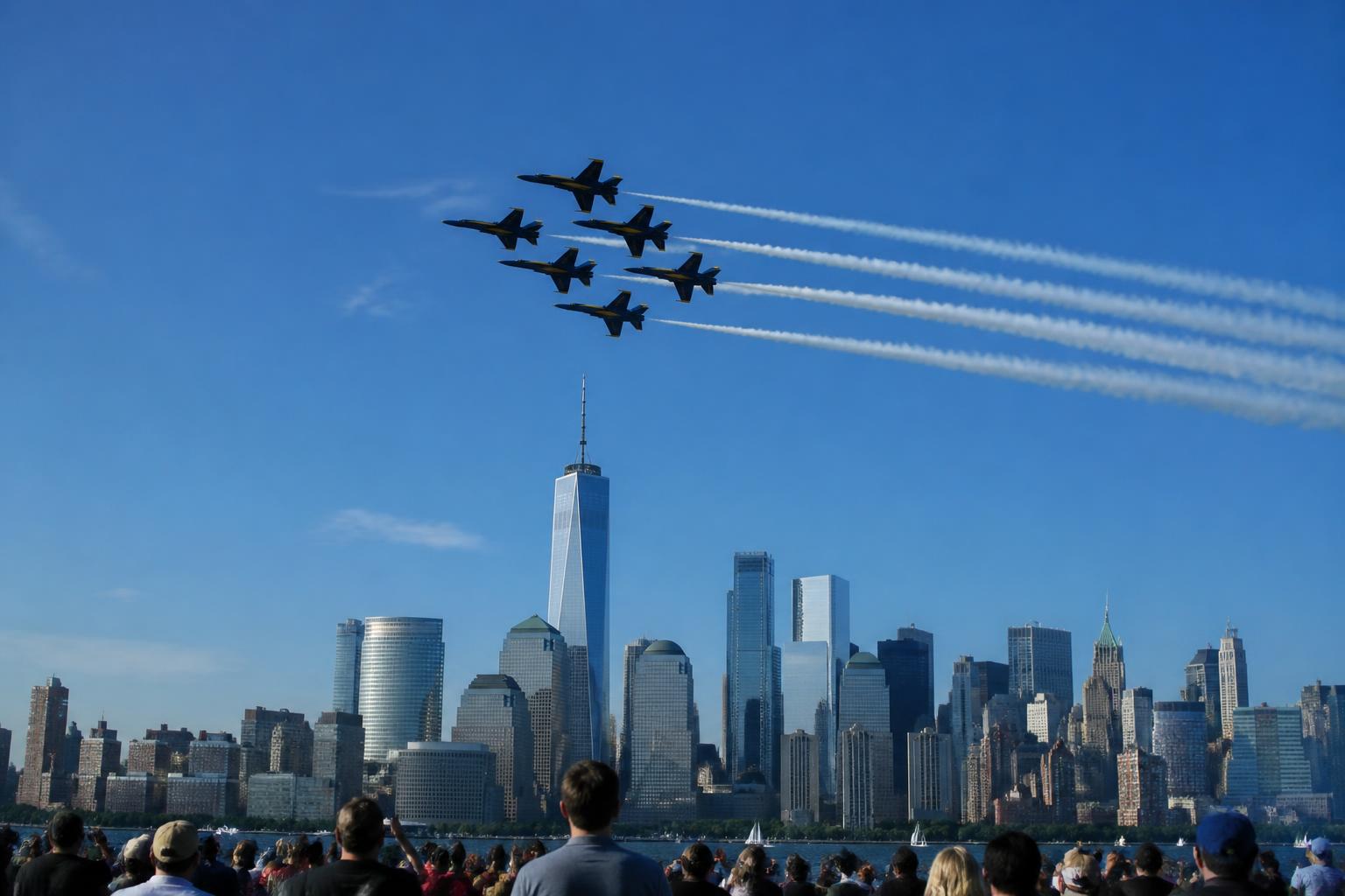 Blue Angels de la Marina de USA volando en formación cerrada sobre el puerto de Nueva York en una tarde despejada de julio