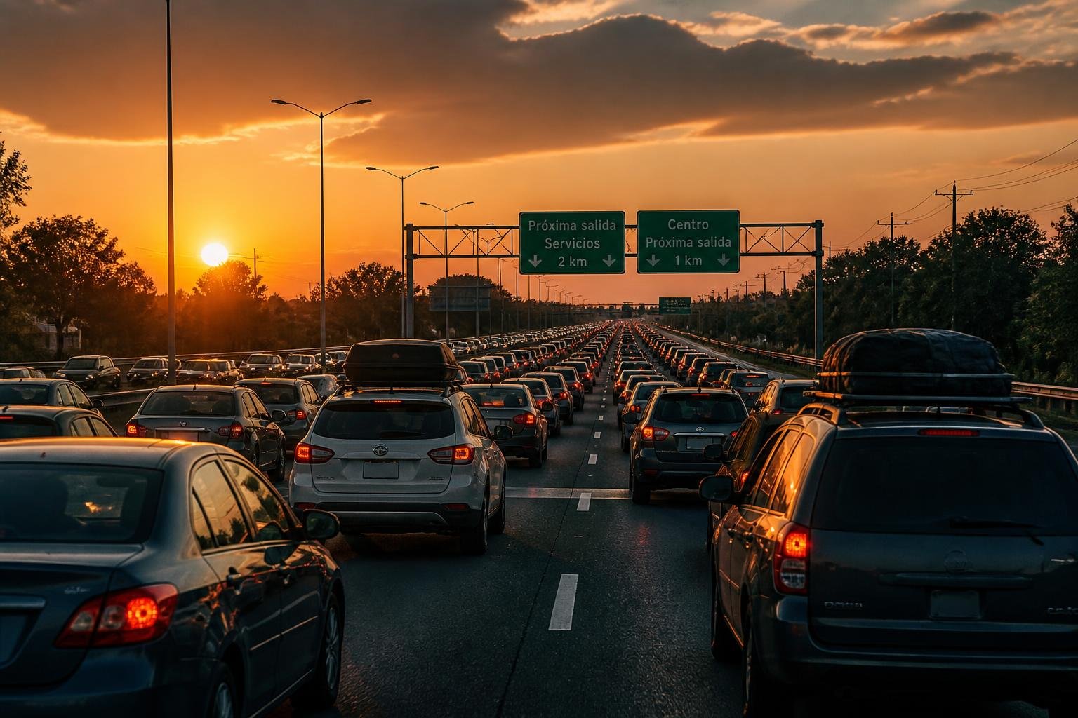 Autopista de Estados Unidos cargada de autos al atardecer durante el éxodo del 4 de julio