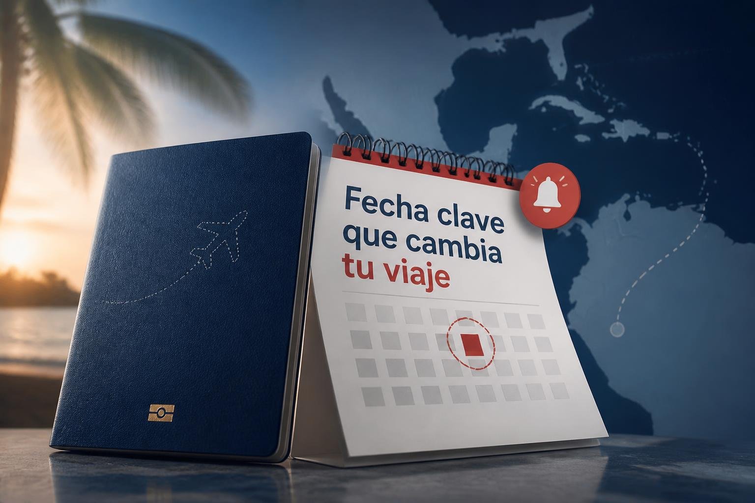 Composición editorial con silueta de pasaporte y un calendario marcando enero de 2021