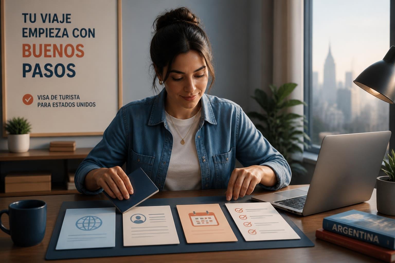 Ilustración de un viajero organizando pasaporte, formulario y checklist antes del viaje a Estados Unidos