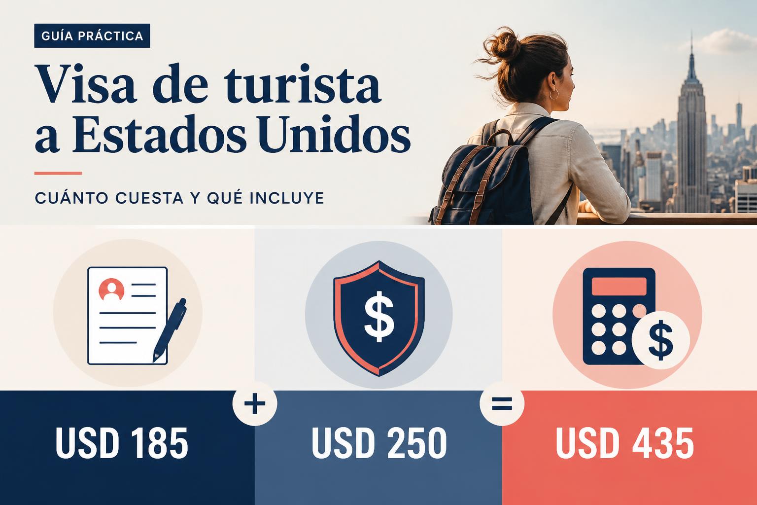 Infografía editorial que descompone el costo de la visa: 185 dólares más 250 dólares igual a 435