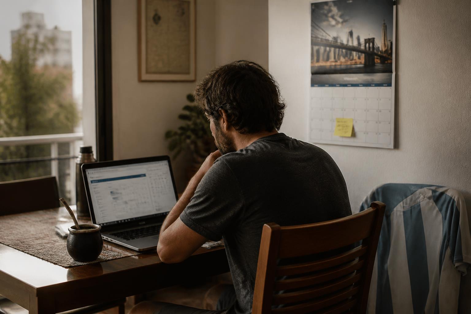 Viajero argentino en la mesa de su casa con una notebook abierta en la página de turnos consulares y un calendario al lado