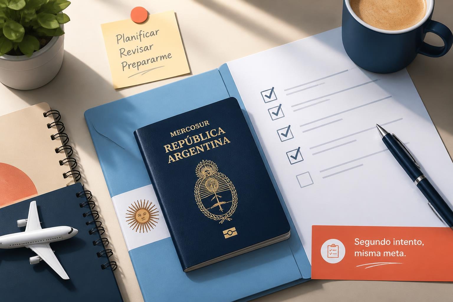 Ilustración flat vector de un escritorio ordenado con pasaporte, checklist y documentos preparándose para un segundo intento de visa