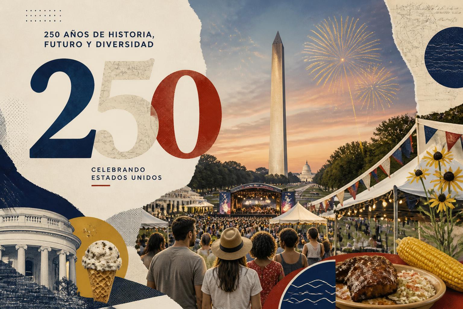 Collage editorial de los festejos por los 250 años de Estados Unidos en el National Mall