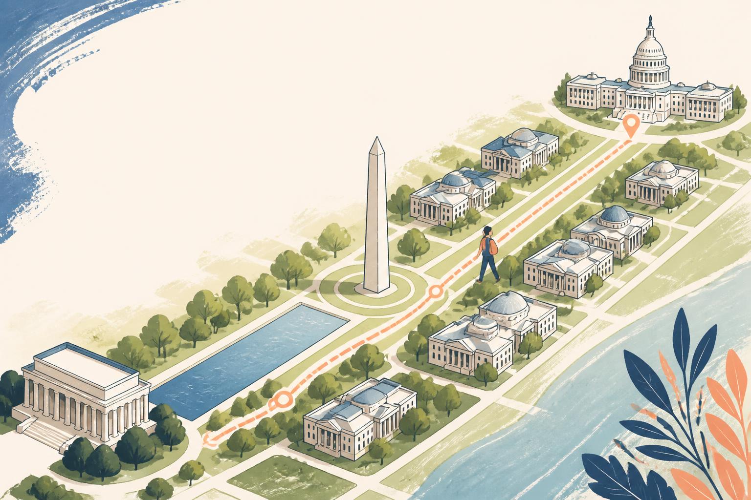 Mapa ilustrado del National Mall de Washington con sus museos y monumentos
