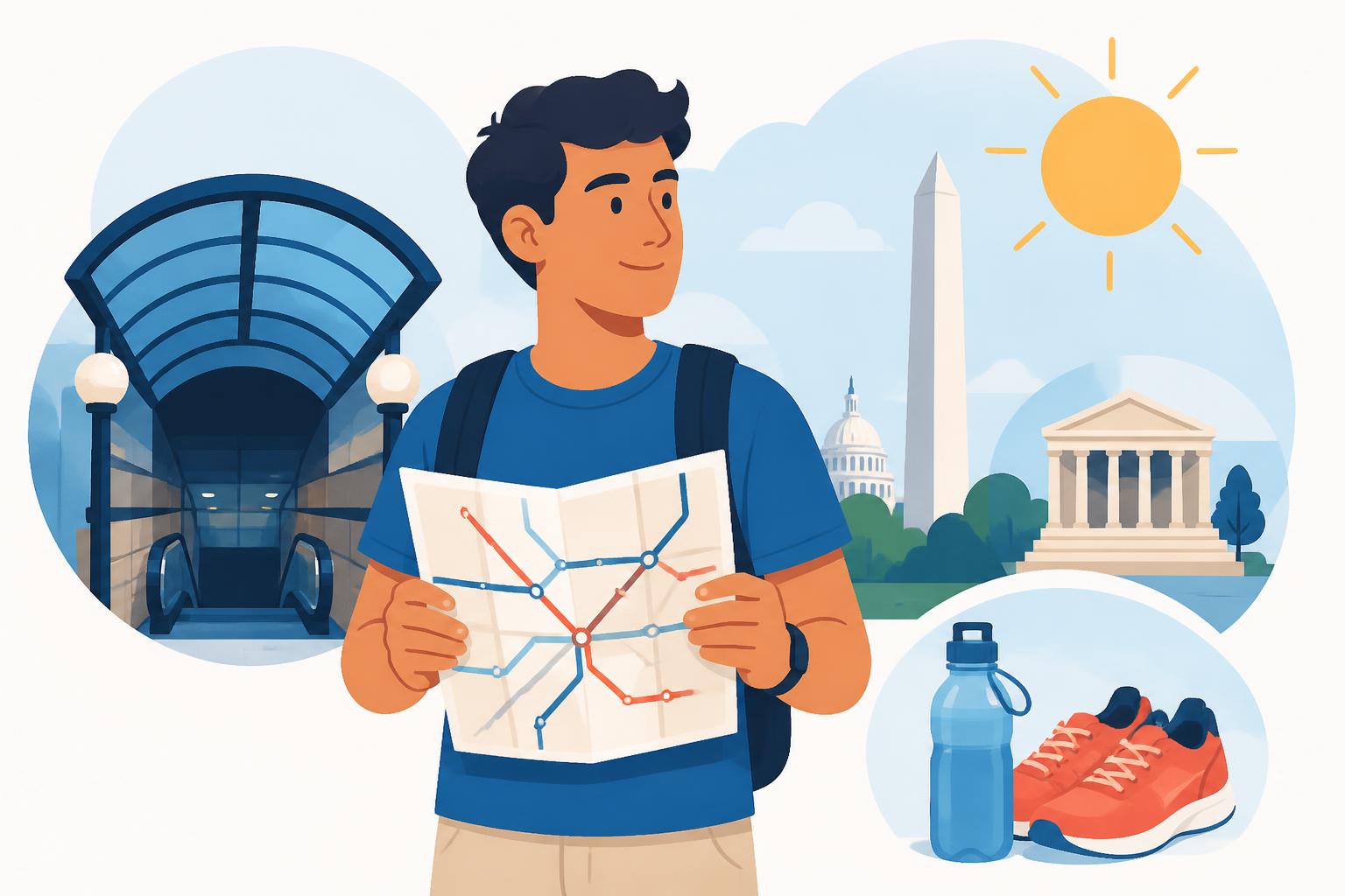 Ilustración de un viajero planificando cómo moverse por Washington en verano con el Metro