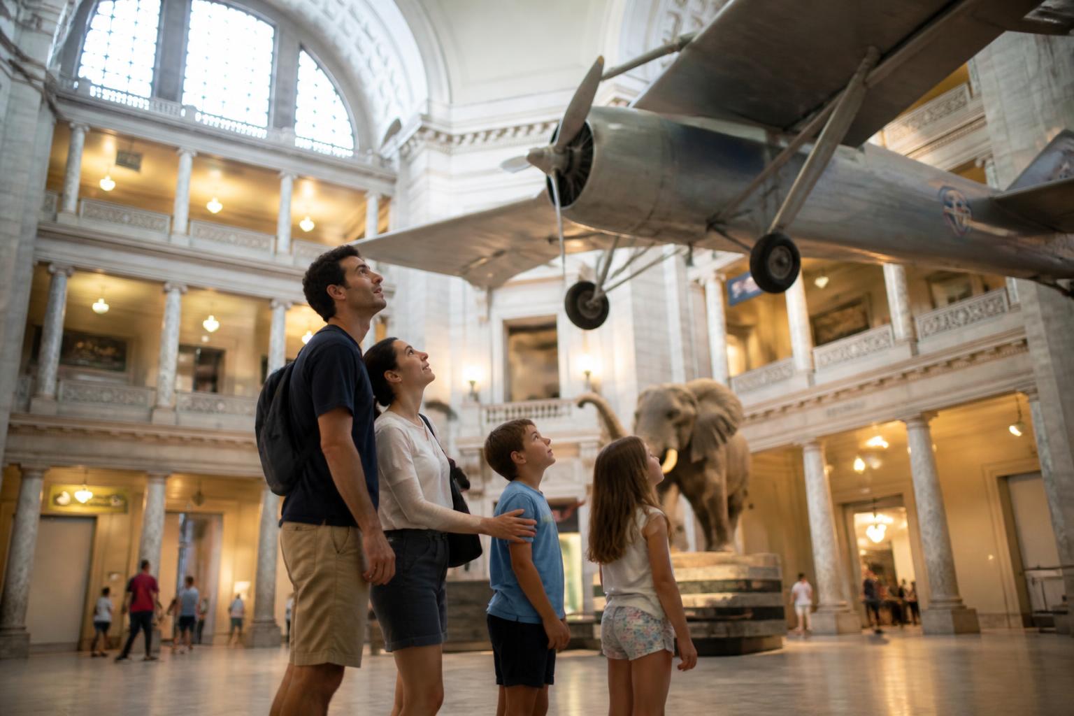 Familia recorre la gran sala de un museo del Smithsonian en Washington