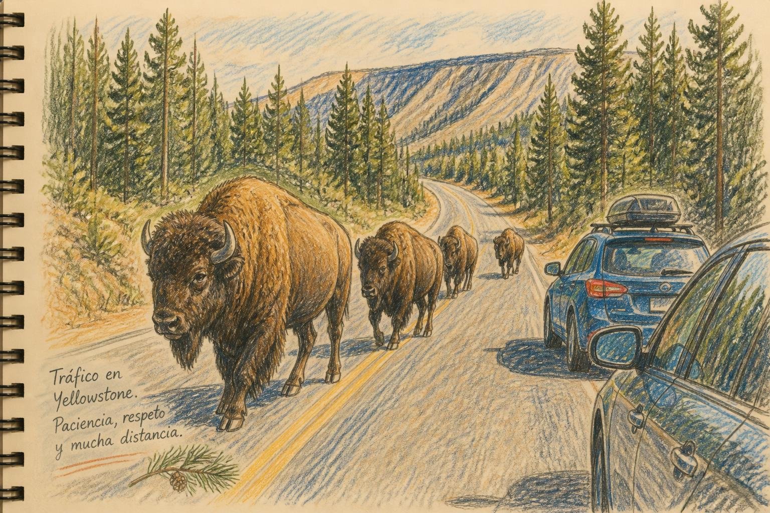 Ilustración a lápiz de color de un grupo de bisontes cruzando una ruta de Yellowstone mientras unos autos esperan detenidos