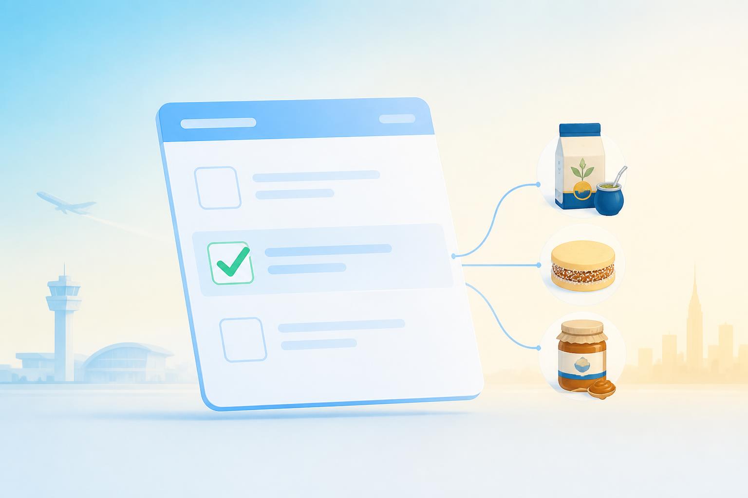 Ilustración travel-tech minimal de un formulario de declaración aduanera en estilo limpio sobre fondo claro con íconos de comida