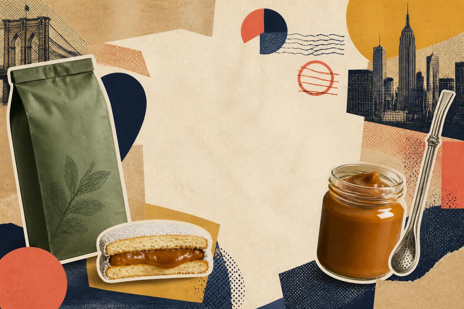 Collage editorial con paquete de yerba, alfajores, dulce de leche y bombilla sobre fondo de papel sepia con sellos abstractos de aduana