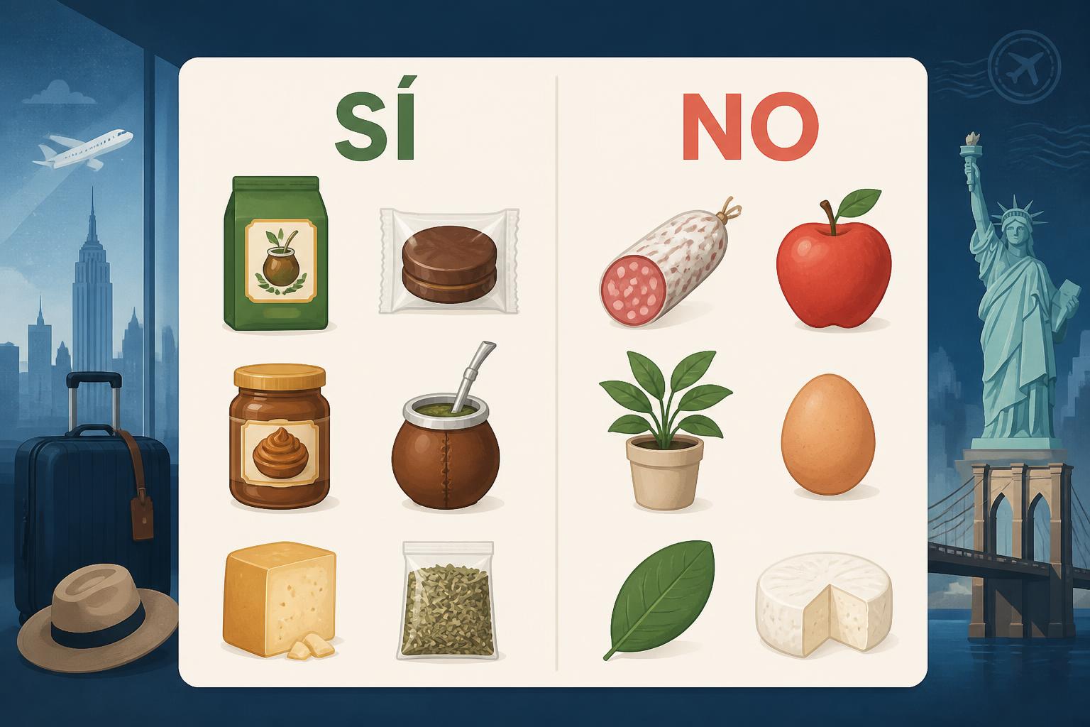 Infografía editorial estilo magazine en dos columnas comparando SÍ y NO de comida argentina permitida en USA, con íconos planos